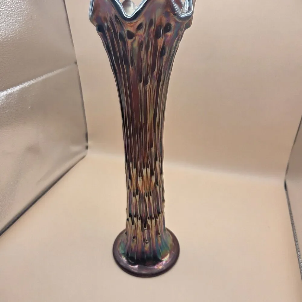 Iridescent Art Glass Ruffled Trumpet Vase Glossy Purple Multicolor 11